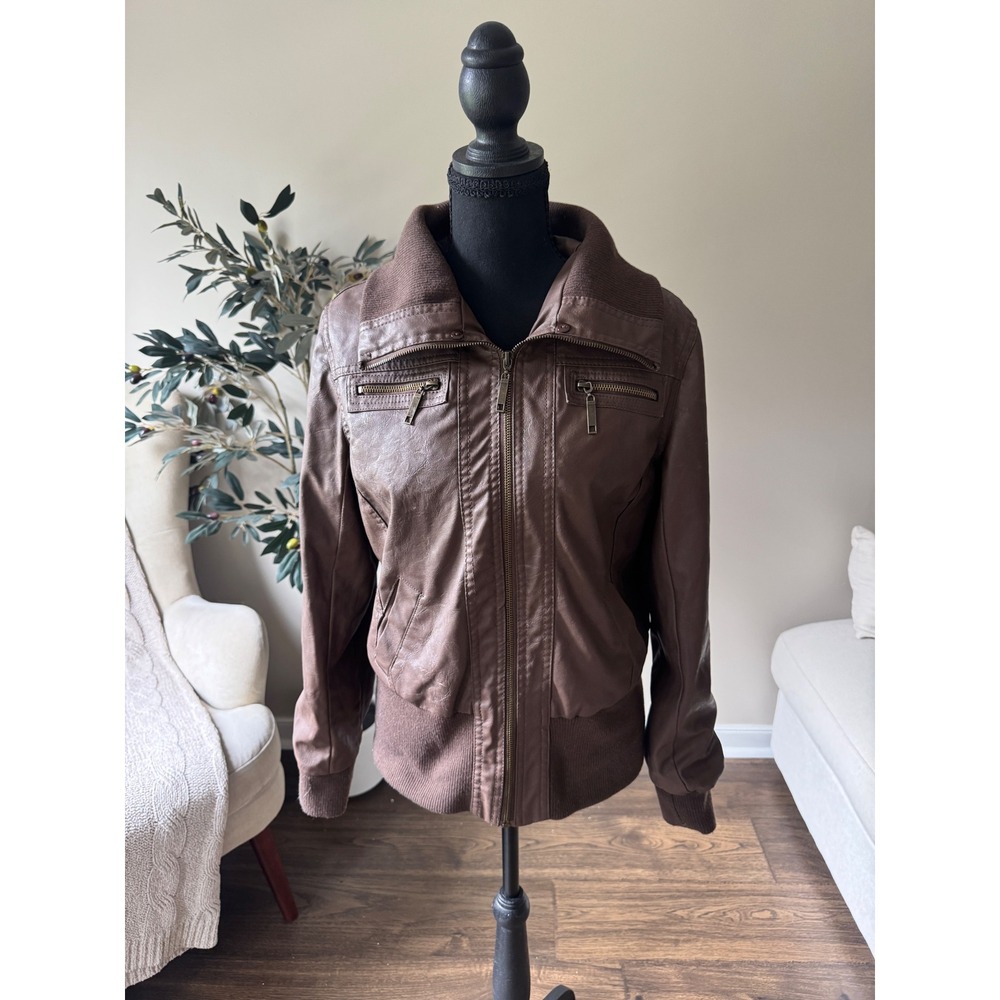 Charlotte Russe Brown Faux Leather Bomber Jacket Ribbed Trim Size Large 72812